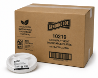 Genuine Joe 10" 3-Compartment Disposable Plates - Sugarcane Body, 500/CT