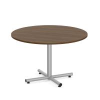 Conference Table: 48" Round w/ Silver Cross Base, Modern Walnut Premium Laminate Top, Seats 4 - 6pp