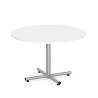 Conference Table: 48" Round w/ Silver Cross Base, White Premium Laminate Top, Seats 4 - 6pp