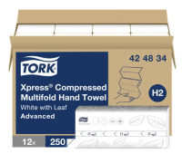 Tork H2 Folded Paper Towel, White Multifold Embossed Refill Compressed, 250 Count/Pack 12 Packs/Case