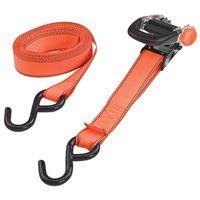 ProSource FH4013 Tie-Down, 1-1/4 in W, 16 ft L, Polyester Webbing, Metal Ratchet, Orange, 700 lb, S-Hook End Fitting