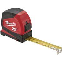 Milwaukee 48-22-1725 Compact Tape Measure, 25 ft L Blade, 1 in W Blade, Steel Blade, ABS Case, Black/Red Case