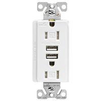 Eaton TR7765W-KB-L Series USB Combination Receptacle, White, 2-Pole, 15 A at 125 VAC, 3.6 A at 5 VDC, 125 VAC, 5 VDC