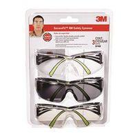 3M SF400-W-3PK Safety Eyewear, Clear/Gray Lens, Neon Green/Black Frame, Anti-Fog, Scratch-Resistant Lens
