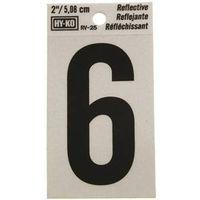 Hy-Ko RV-25/6 Reflective Sign, Character: 6, 2 in H Character, Black Character, Silver Background, Vinyl