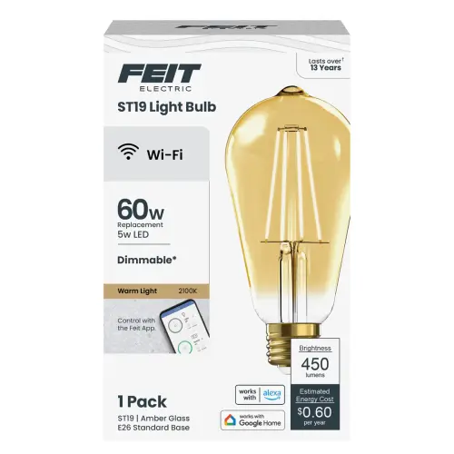 5W (60W Replacement) Amber (2100K) Vintage ST19 Smart Wi-Fi LED Light Bulb