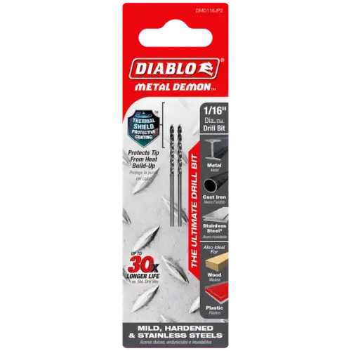 1/16" Metal Demon Drill Bits for Mild, Hardened and Stainless Steels (2-pk)