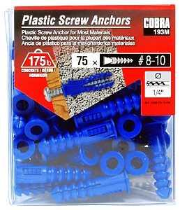 Cobra Anchors 193M Screw Anchor, 1-1/4 in L, Plastic, 175 lb, 75pk
