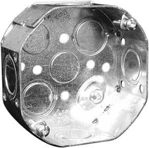Hubbell 54151KBAR Octagonal Box, 4 in OAW, 1-1/2 in OAD, 8-Knockout, Metal Housing Material