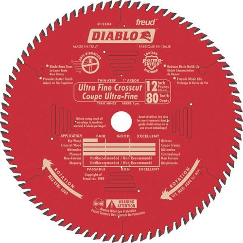 Diablo D1280X Circular Saw Blade, 12 in Dia, 1 in Arbor, 80-Teeth, Carbide Cutting Edge