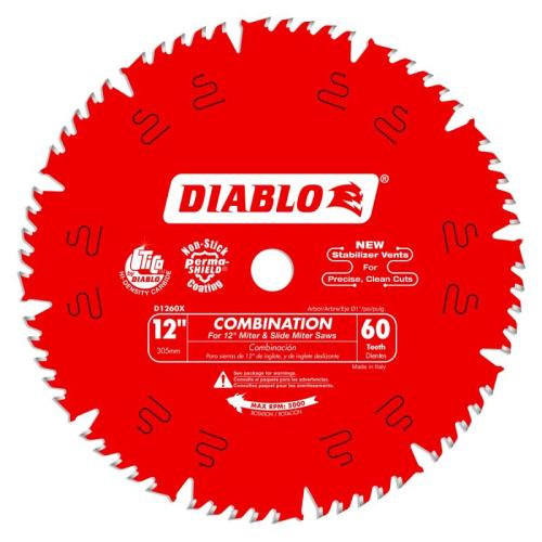 Diablo D1260X Circular Saw Blade, 12 in Dia, 1 in Arbor, 60-Teeth, Carbide Cutting Edge