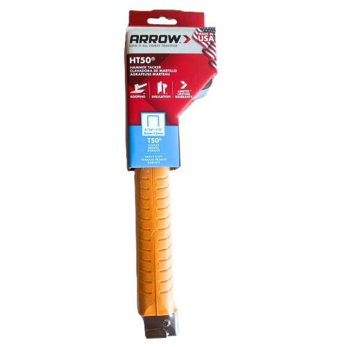 Arrow HT50 Hammer Tacker, T50 Staple, 5/16 to 1/2 in L Leg, Steel Staple
