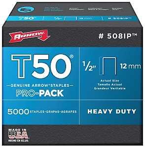 Arrow T50 Series 508IP Staple, For: ET50, ET50BN, ET50PBN Stapler, 3/8 in W Crown, 1/2 in L Leg