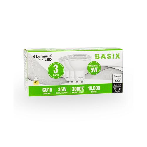 Luminus Basix GU10 Dimmable Led Bulb 5W 3000K Bright White 3pk