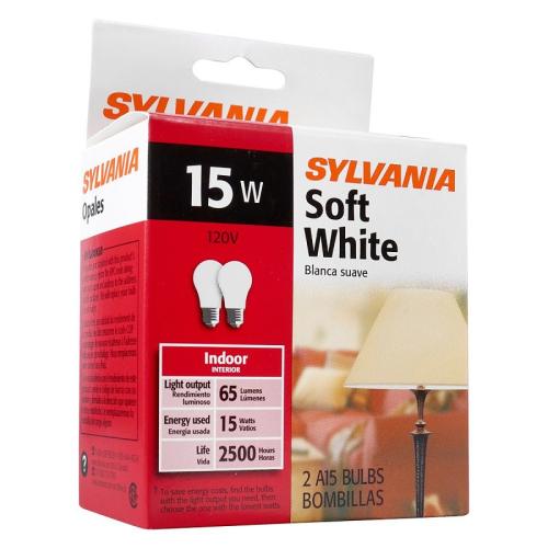 Sylvania 10015 Incandescent Bulb, 15 W, A15 Lamp, Medium E26 Lamp Base, 65 Lumens, 2500 K Color Temp, Soft White Light