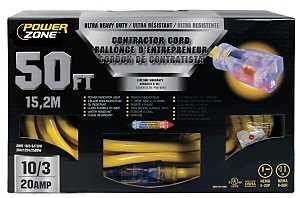 PowerZone ORP711930 Contractor Cord, 10 AWG Cable, 50 L, 20 A, 125 V, Yellow