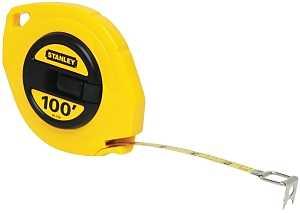 STANLEY 34-106 Measuring Tape, 100 ft L Blade, 3/8 in W Blade, Steel Blade, ABS Case, Yellow Case, 1/8 in Graduation