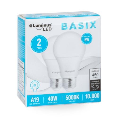 Luminus Basix 6W Led Bulb A19 Non-dimmable 5000K 2/Pk