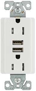 Eaton TR7765W-KB-L USB Combination Receptacle, White, 2-Pole, 15 A at 125 VAC, 3.6 A at 5 VDC, 125 VAC, 5 VDC