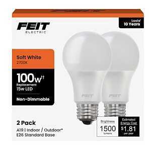 Feit Electric A1600/827/10KLED/2 LED Lamp, General Purpose, 1500 Lumens, 14.7 W, A19 Lamp, 100 W Equivalent, White