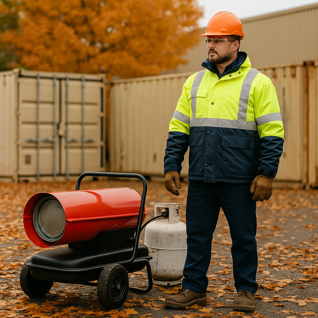 Portable forced-air heater staged for a fall jobsite climate-control setup