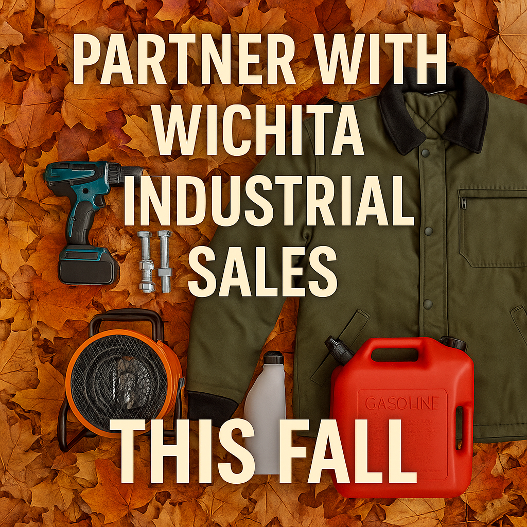 Fall product assortment&mdash;heater, jacket, drill, and fasteners&mdash;promoting Wichita Industrial Sales partnership