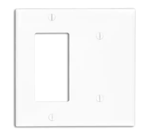 2-Gang White Wall Plate with 1 Decora/Rocker Opening and 1 Blank Insert, Model 80708-W