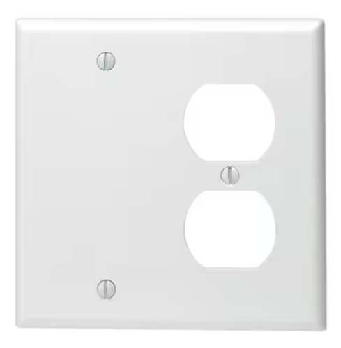 2-Gang White Standard Wall Plate With 1 Duplex Outlet/Receptacle Opening and 1 Blank Section, Plastic, Model 88008
