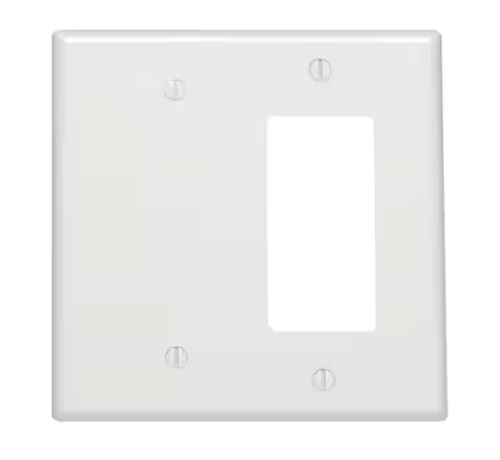 2-Gang White Mid-Size Plastic Wall Plate with 1 Decora/Rocker Opening and 1 Blank Insert, Model 80608-W