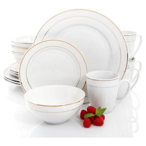 Palladine 16 Piece Dinneware Set, White, Double Gold Band, Fine Ceramic