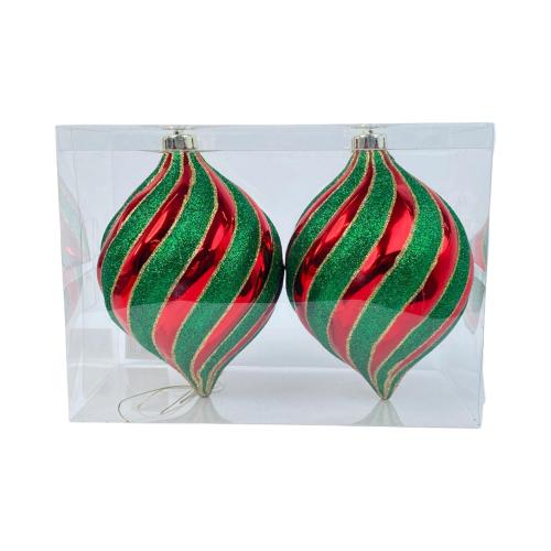 CHRISTMAS ORNAMENTS 2PC PLASTIC RED & GREEN