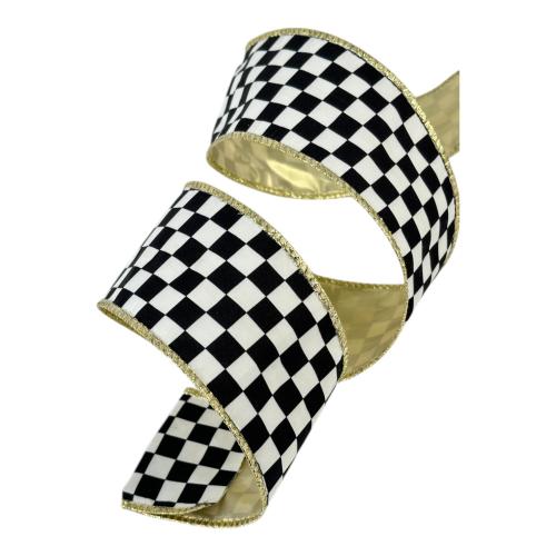 CHRISTMAS RIBBON BLACK & WHITE CHECK W/GOLD TRIM
