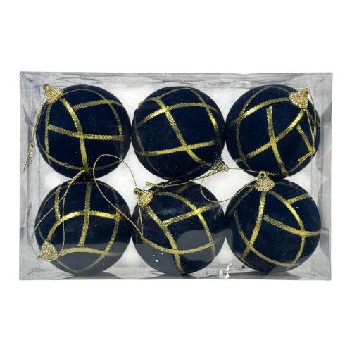 Set Of 6 Decorative Christmas Balls, Dark Blue & Gold
