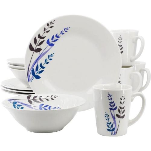 Blue Leaves 12 Piece Dinnerware Set, Decorated, Fine Ceramic 