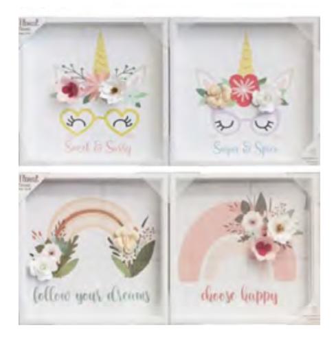 SHADOW BOX ART W/PAPER FLOWER ACCENTS-RAINBOWS & UNICORNS 2PC