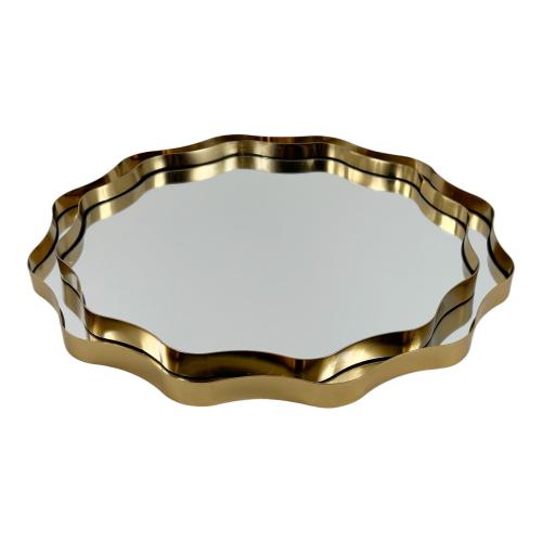 DECOR TRAY W/MIRROR GOLD 2PC