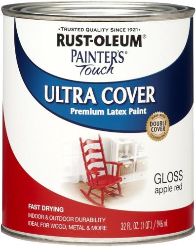 Rust-Oleum Enamel Paint, Water Base, Gloss Sheen, Apple Red, 1 qt, Can, 120 sq-ft Coverage Area