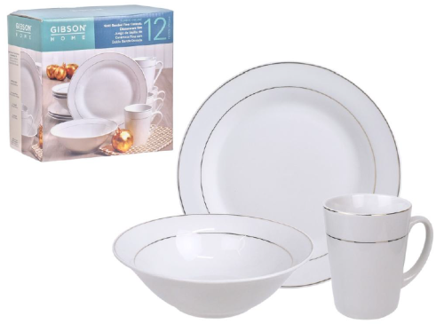 12-Piece Fine Ceramic Dinnerware Set – Double Gold Band