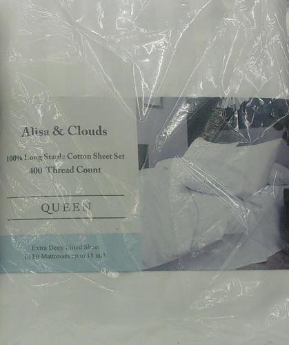 SHEET SET 400TC QUEEN WHITE 100% COTTON W/BAG