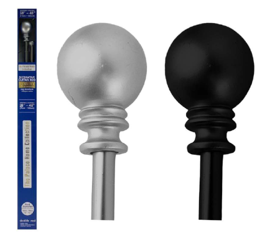 Double Metal Curtain Rod – 28" to 48", Silver & Black