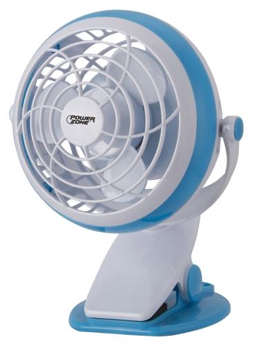 PowerZone QT-U409-D Desk and Clip-On Fan, 5 VDC, 4 in Dia Blade, 3-Blade, 1-Speed, 48 in L Cord, White/Blue/Green