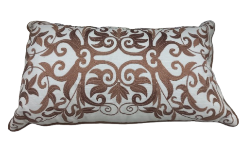 PILLOW EMB SCROLL WHT/MOCHA 12x20