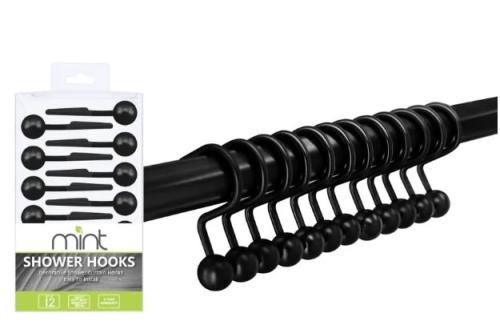 SHOWER CURTAIN HOOKS STEEL BLK HEAVY DUTY 12PC