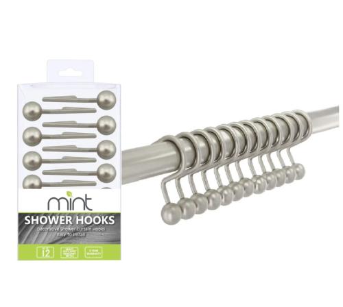 SHOWER CURTAIN HOOKS STEEL BALL B.NICK HEAVY DUTY 12PC