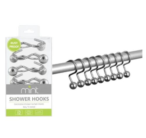 SHOWER CURTAIN HOOKS STEEL BALL HEAVY DUTY 12PC