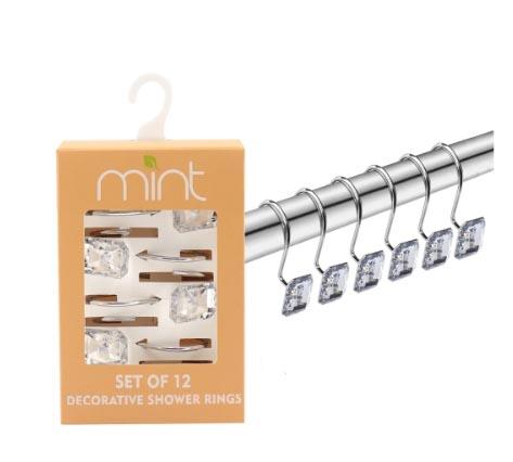 SHOWER CURTAIN HOOKS CHRM SQUARE ACRYLIC 12PC