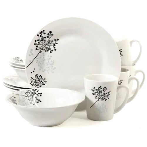 12 Piece Dinnerware Set, White With Cherry Black Design, Fine Ceramic