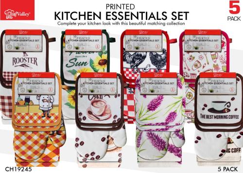 5 Piece Oven Mitt Set With 2 Pot Holders and 2 Kitchen Towels (Assorted)