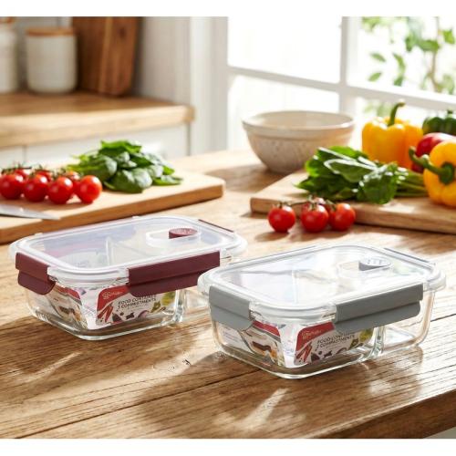 Rectangle Glass Food Container, 2 Compartments With Lids