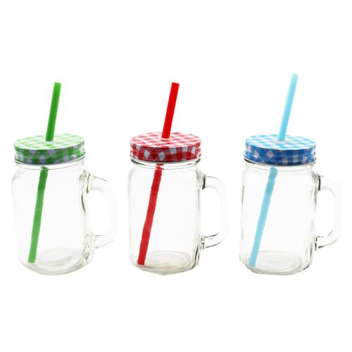 GLASS MASON JAR METAL LID W/STRAW 450ML